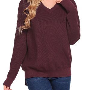 Red V-Neck Loose Fit Pullover Sweater- Long sleeve